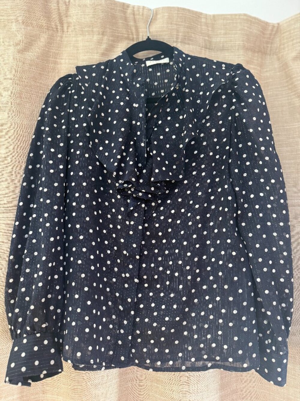 Sandro Navy Polka Dot Ruffle Blouse Parisian Metallic Top 0 / XS